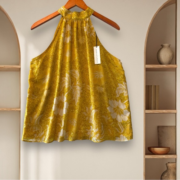 cupcakes & cashmere Tops - cupcakes & cashmere Mustard Yellow Floral Halter Blouse Size L NWT